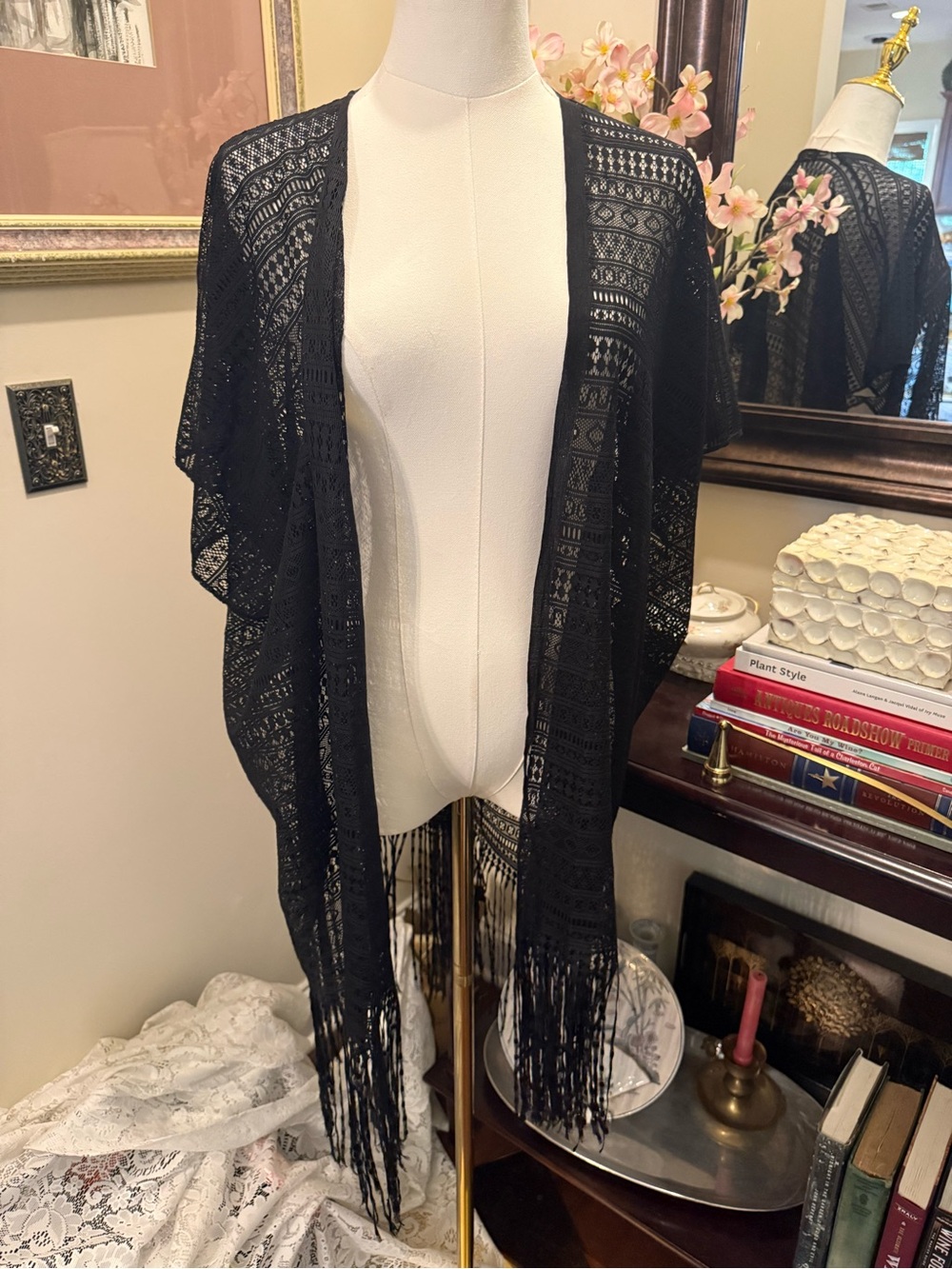 Black Crochet Fringe Kimono Wrap - Women's Layering Top